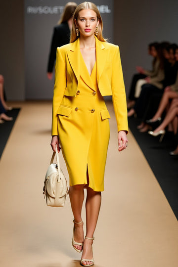 Yellow Sheath Two-piece Notched Lapel Work Dress with Slit